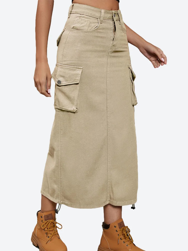 Benuynffy Women Drawstring Cargo Jean Skirt Fashion Vintage High Waist Straight Long Denim Skirts with Pockets Casual Streetwear
