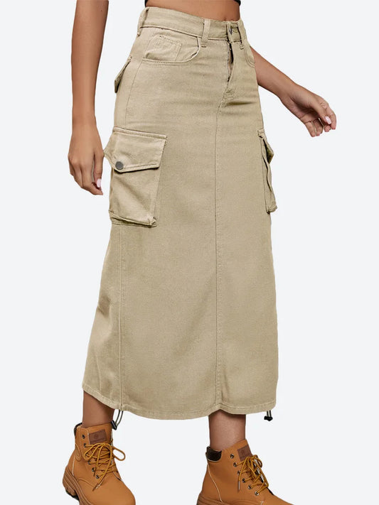 Benuynffy Women Drawstring Cargo Jean Skirt Fashion Vintage High Waist Straight Long Denim Skirts with Pockets Casual Streetwear