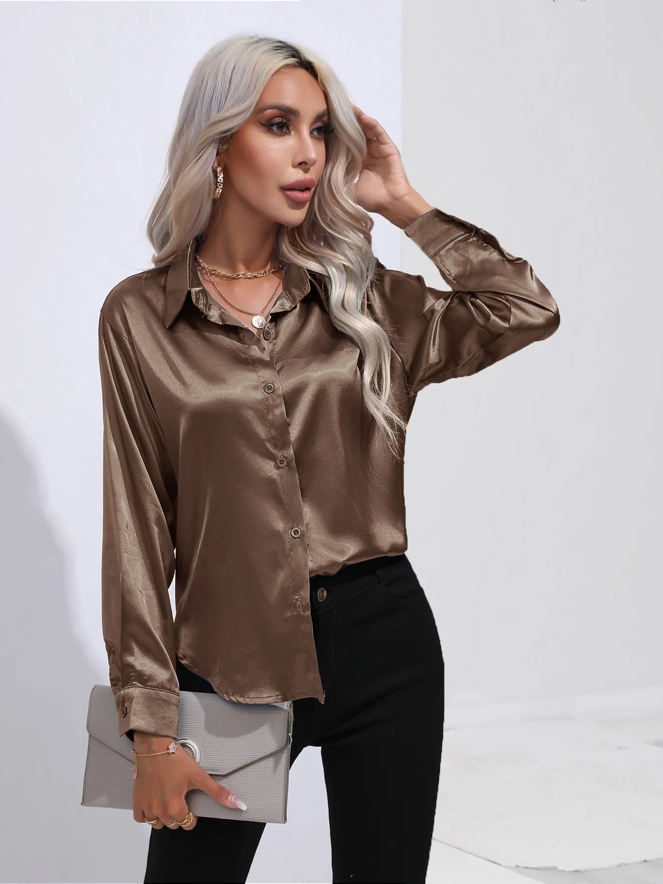 Elegant Women's Satin Imitation Silk Long Sleeve Shirt Autumn/Winter Solid Office Lady Lapel Button Blouse Women Clothing S-XXL