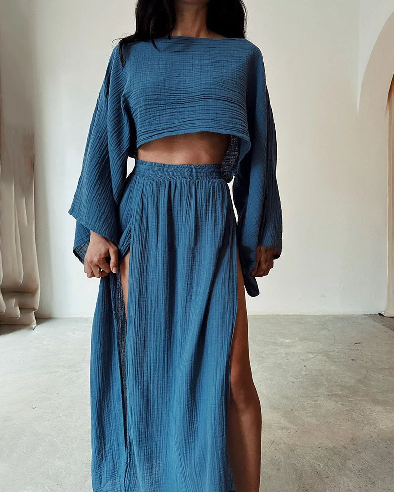 Summer Fashion Cotton Linen Skirt Suit Women O Neck Top + Side Long Slit Skirts 2 Piece Set Y2k High Street Casual Loose Outfit