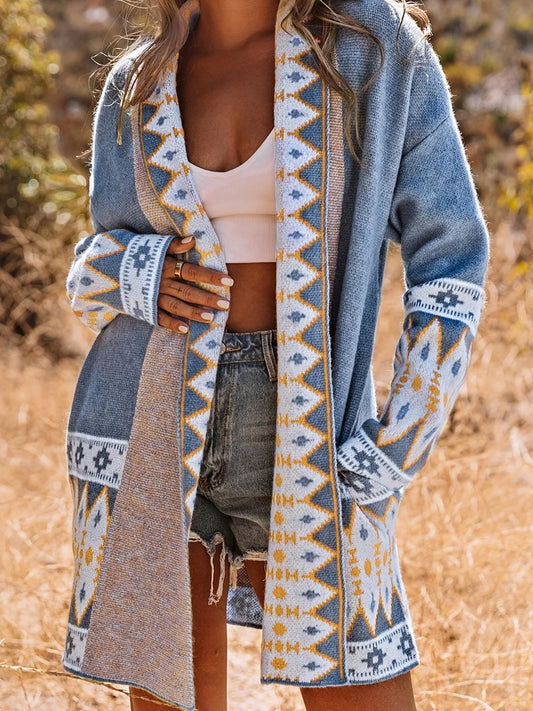 Europe and the United States new autumn and winter national style printed leisure long-sleeved sweater cardigan coat